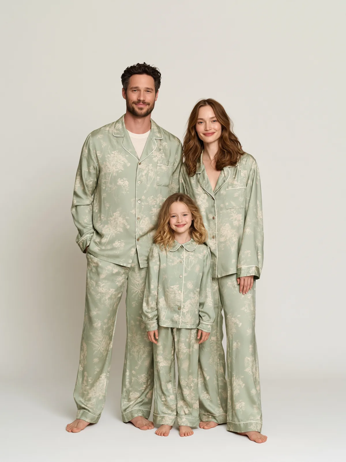 Matching green printed pajama sets for a family